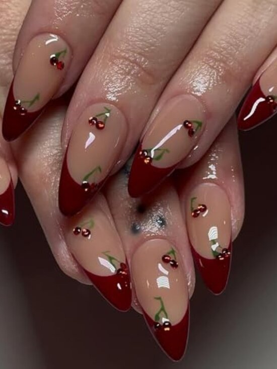 Other - Press on Nails Medium Almond French‎ Tip Fake Nails Red Full Cover Cherry
